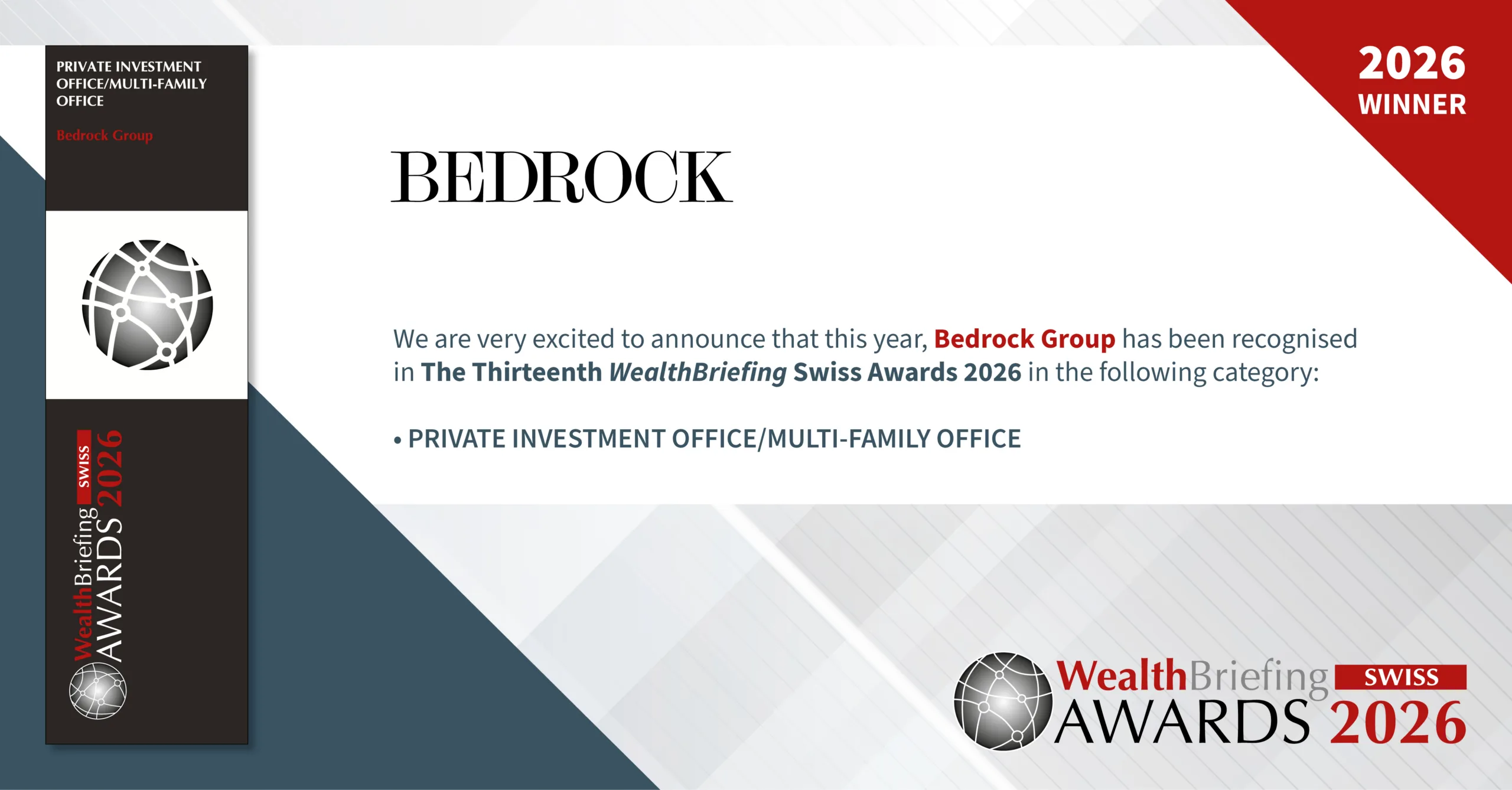A digital announcement graphic featuring the Bedrock Group logo and text stating that the company has been recognised in the Thirteenth WealthBriefing Swiss Awards 2026 in the category of Private Investment Office/Multi‑Family Office